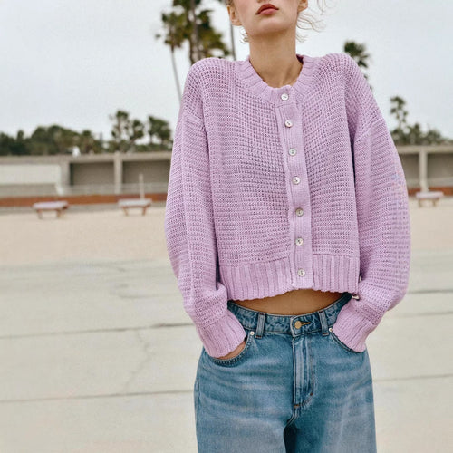 Damen Lockere Cropped-Strickjacke mit Knopfleiste und offener Struktur Shop Nory