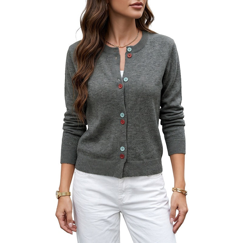 Damen Feinstrick-Cardigan mit kontrastfarbenen Knöpfen und rundem Ausschnitt Shop Nory