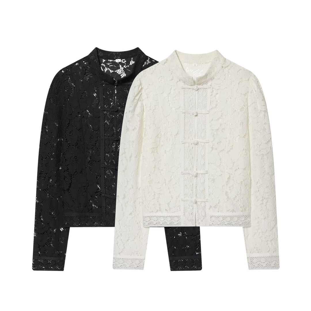 Damen Spitzenjacke mit Mandarinkragen und dekorativen Froschverschlüssen Shop Nory