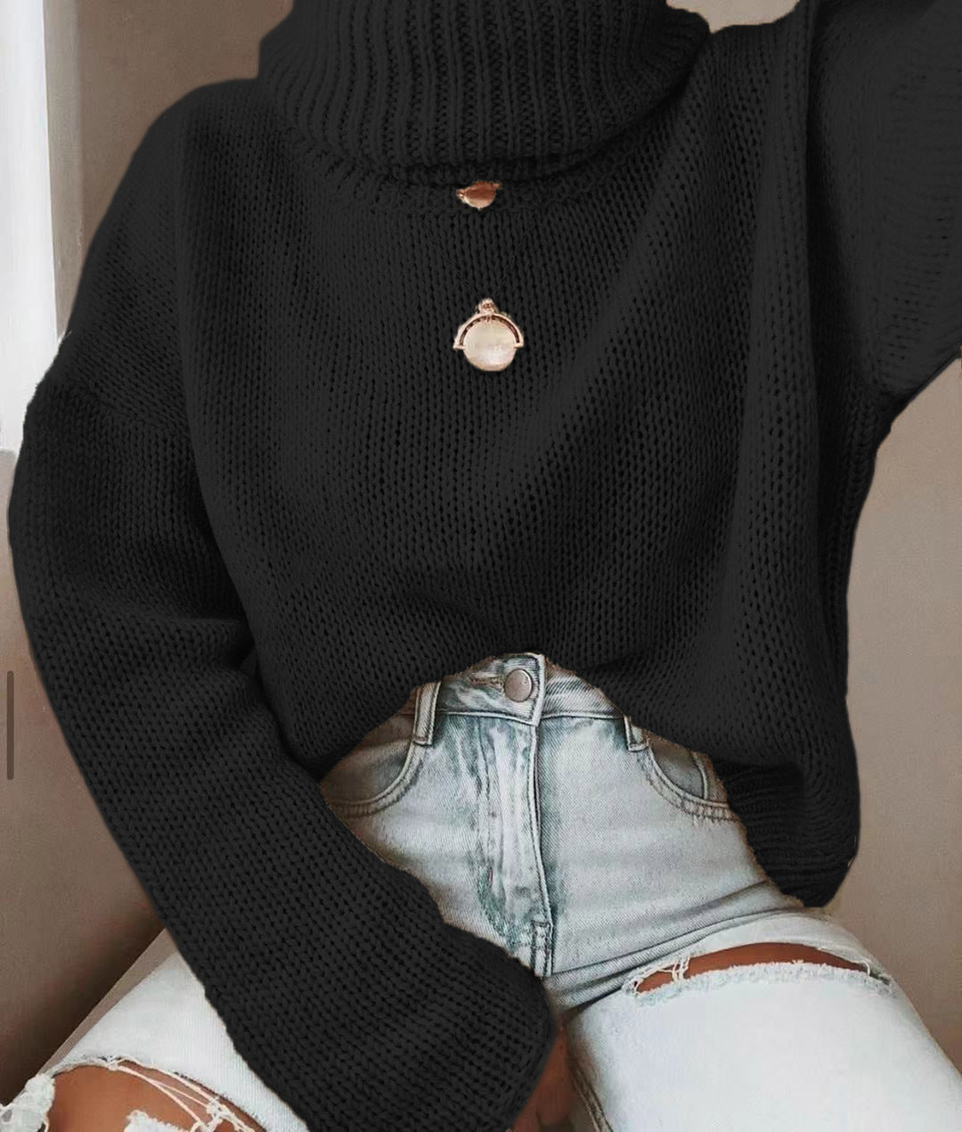 Damen Oversize Rollkragenpullover grobgestrickt mit weitem Schnitt Shop Nory