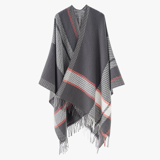 Damen Oversize Capeponcho aus Wollmix mit Karomuster und Fransensaum Shop Nory