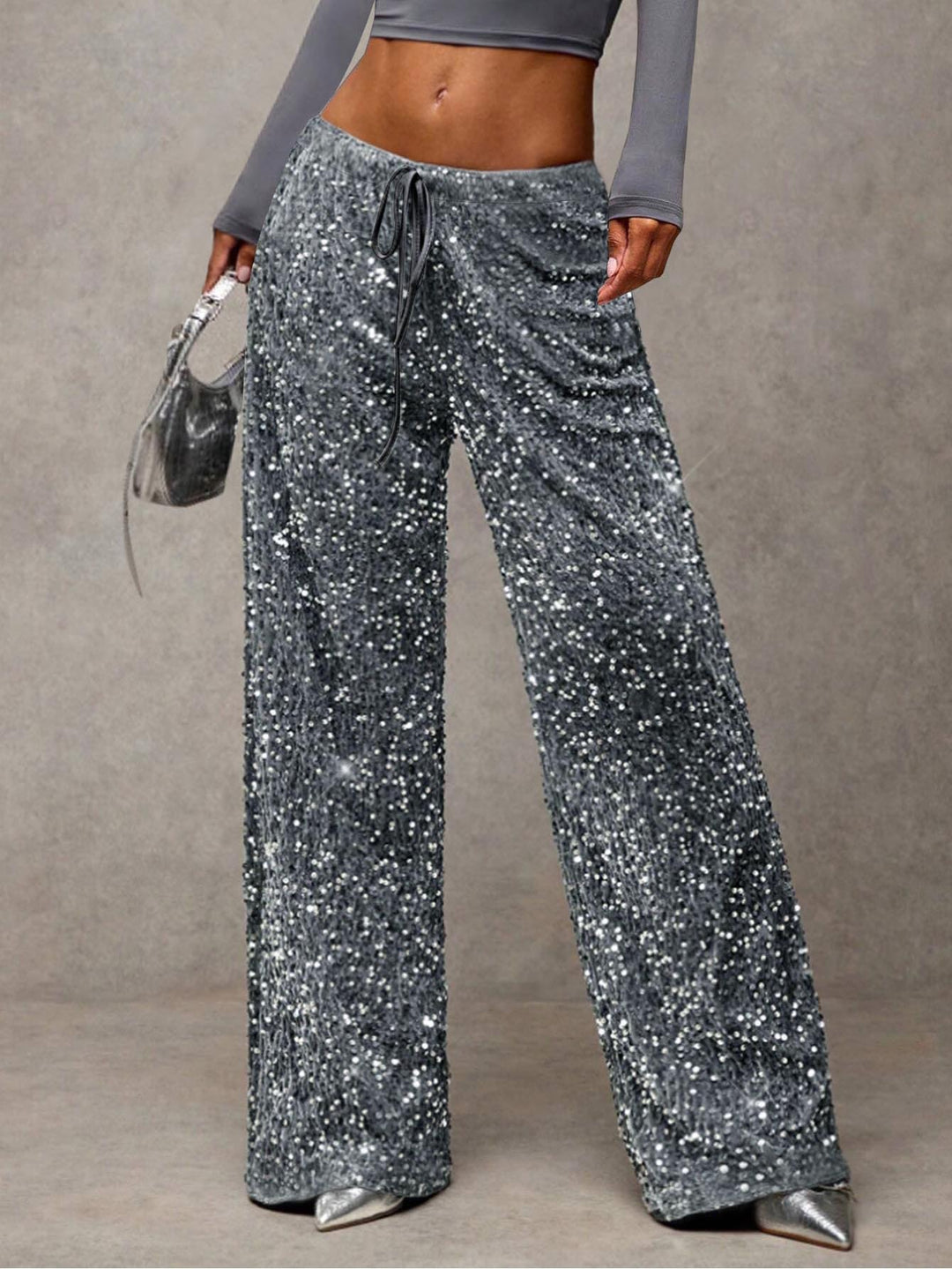 Damen Pailletten-Palazzohose mit hohem Bund und Kordelzug Shop Nory