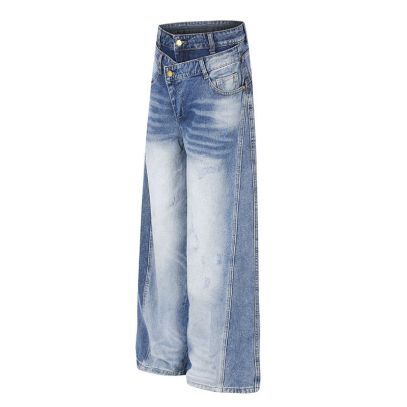 Damen Jeanshose mit weitem Culotte‑Schnitt, asymmetrischem Doppelbund und Kontrast-Seitenbahnen Shop Nory