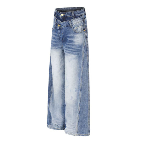 Damen Jeanshose mit weitem Culotte‑Schnitt, asymmetrischem Doppelbund und Kontrast-Seitenbahnen Shop Nory