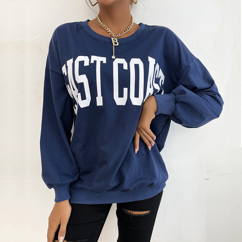 Damen Lockeres Rundhals-Sweatshirt im Collegestyle mit Blockschrift-Print und geripptem Saum Shop Nory