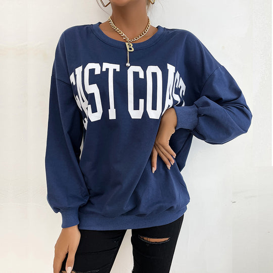 Damen Lockeres Rundhals-Sweatshirt im Collegestyle mit Blockschrift-Print und geripptem Saum Shop Nory