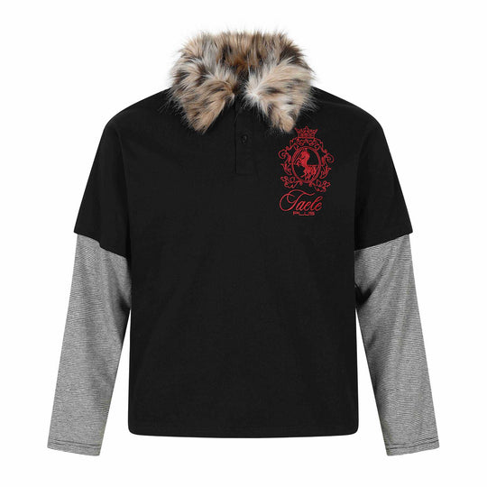 Damen Layered-Optik Langarm-Polo mit Kunstfellkragen und Wappenstickerei Shop Nory