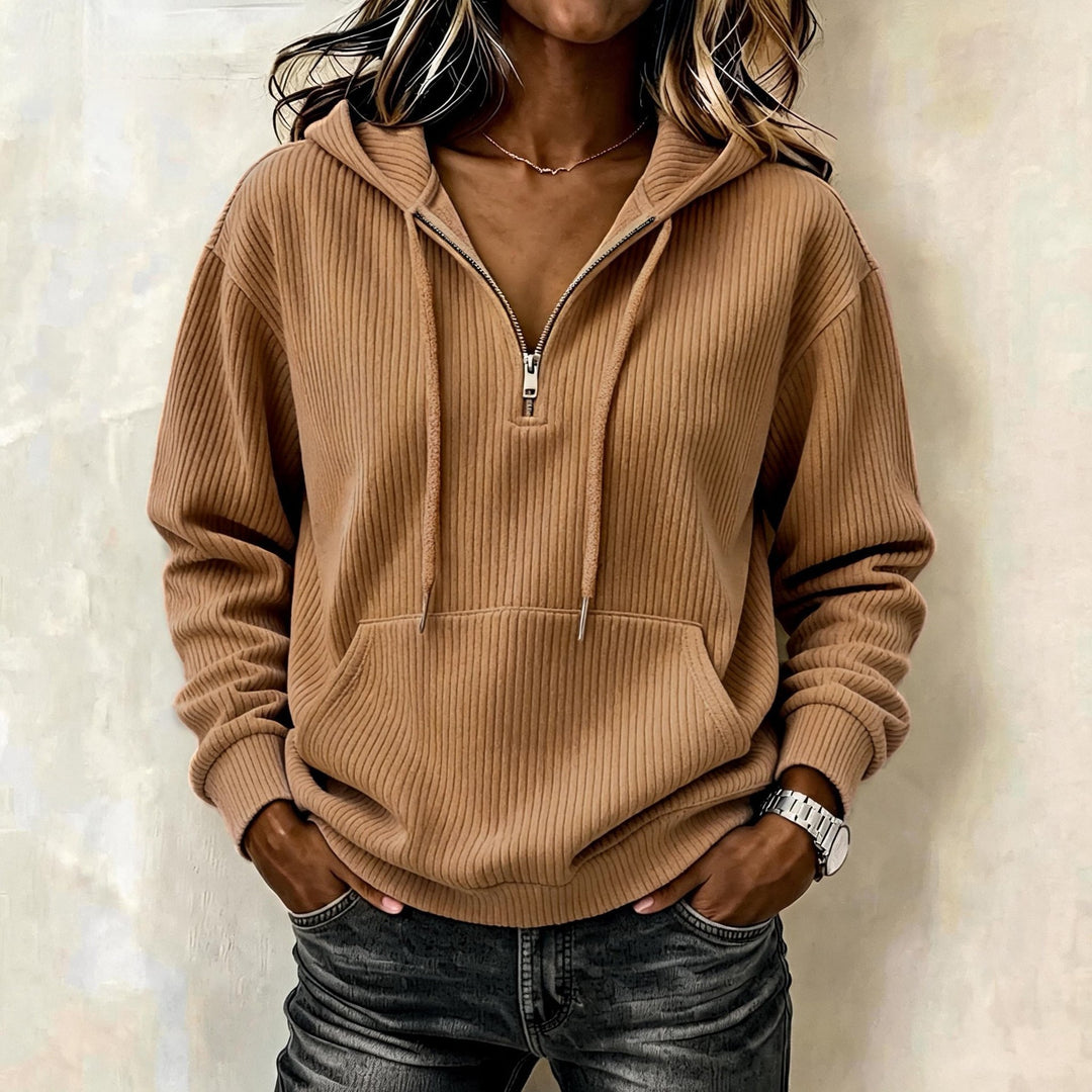 Damen Gestrickter Ripp-Hoodie mit halbem Reißverschluss, Kängurutasche und Oversize-Schnitt Shop Nory