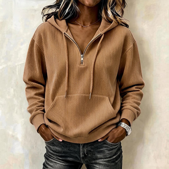 Damen Gestrickter Ripp-Hoodie mit halbem Reißverschluss, Kängurutasche und Oversize-Schnitt Shop Nory