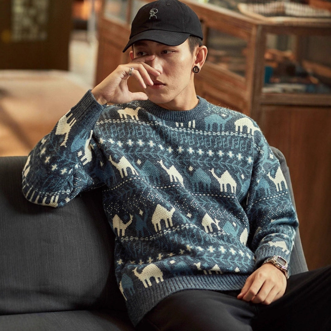 Herren Strickpullover mit Kamel-Jacquardmuster und geripptem Saum Shop Nory