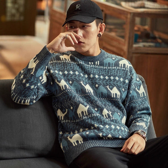 Herren Strickpullover mit Kamel-Jacquardmuster und geripptem Saum Shop Nory