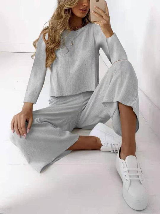 Damen Lässiges Leinenoptik-Zweiteiler Set mit Oversize-Langarmtop und weiter Palazzo-Hose Shop Nory