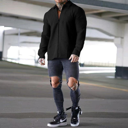 Herren nan strukturiertes Langarm-Hemdjacke mit verdecktem Halbzip, Kentkragen und leichter Waffelstruktur Shop Nory