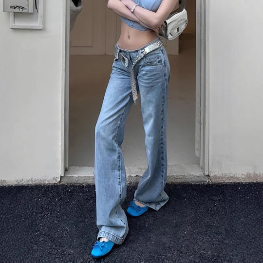 Damen Weit geschnittene Jeans mit hohem Bund und trendy Gürtel Shopnory