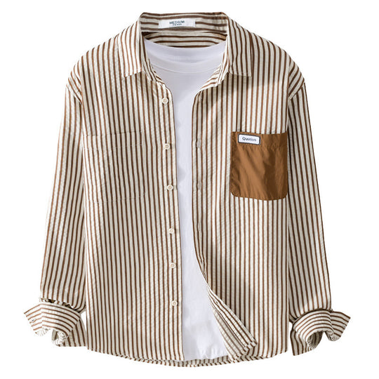 Herren Gestreiftes Langarm-Overshirt aus Baumwollmix mit kontrastierter Brusttasche Shop Nory
