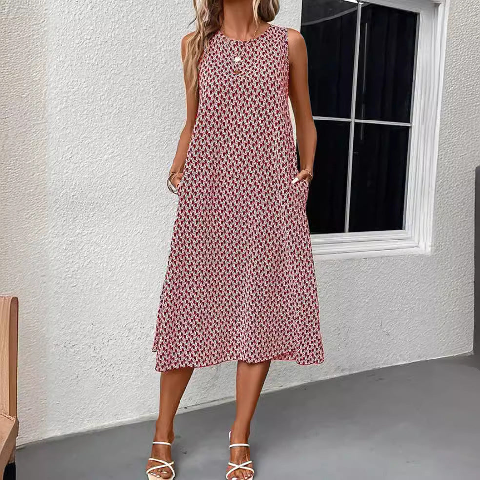 Damen nan ärmelloses A-Linien-Midikleid mit Rundhalsausschnitt, seitlichem Beinschlitz und feinem Geometrie-Print