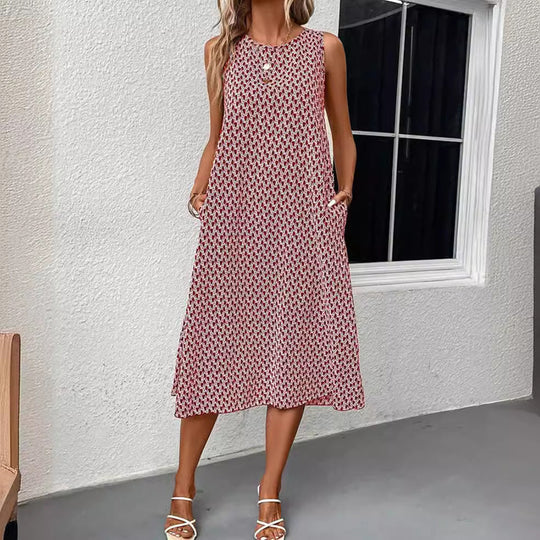 Damen nan ärmelloses A-Linien-Midikleid mit Rundhalsausschnitt, seitlichem Beinschlitz und feinem Geometrie-Print