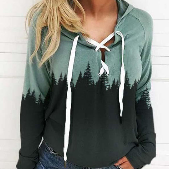 Damen Kapuzenpullover mit Waldprint, Schnürdetail und Raglanärmeln Shop Nory