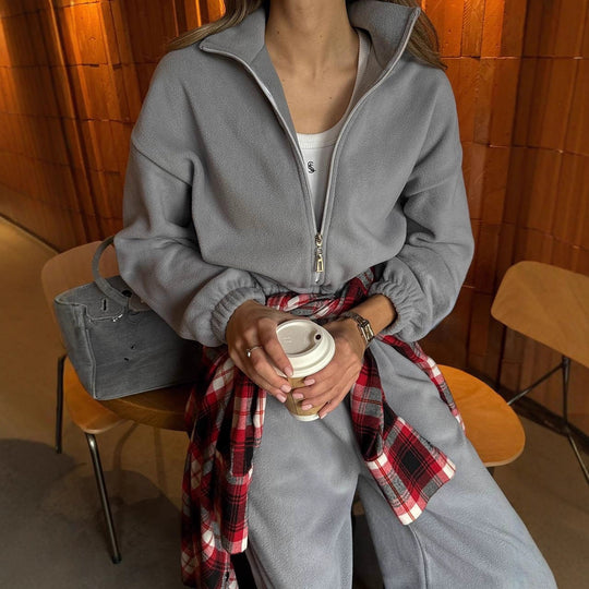 Damen Lässiger Fleece-Hausanzug mit Zip-Kapuze und elastischem Taillenbund Shop Nory