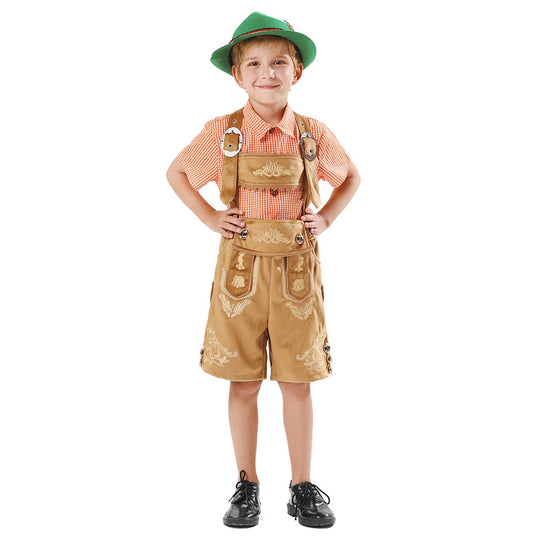 Herren nan traditionelle Kinderlederhose kurz mit aufwendiger Stickerei, Latztasche und verstellbaren Trägern Shop Nory