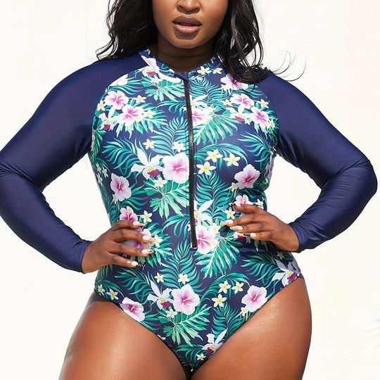 Damen Sportlicher Langarm-Schwimmanzug mit floralem Design