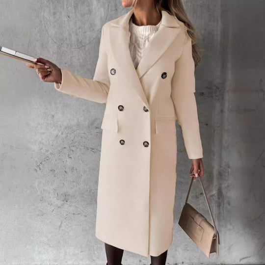 Damen klassischer langer Doppelreiher Mantel mit Reverskragen und Pattentaschen Shop Nory