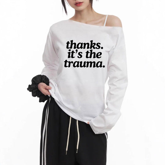 Damen nan Off-Shoulder Langarm-Cropshirt mit Statement-Print, asymmetrischem Ausschnitt und lockerem Oversize-Schnitt Shop Nory