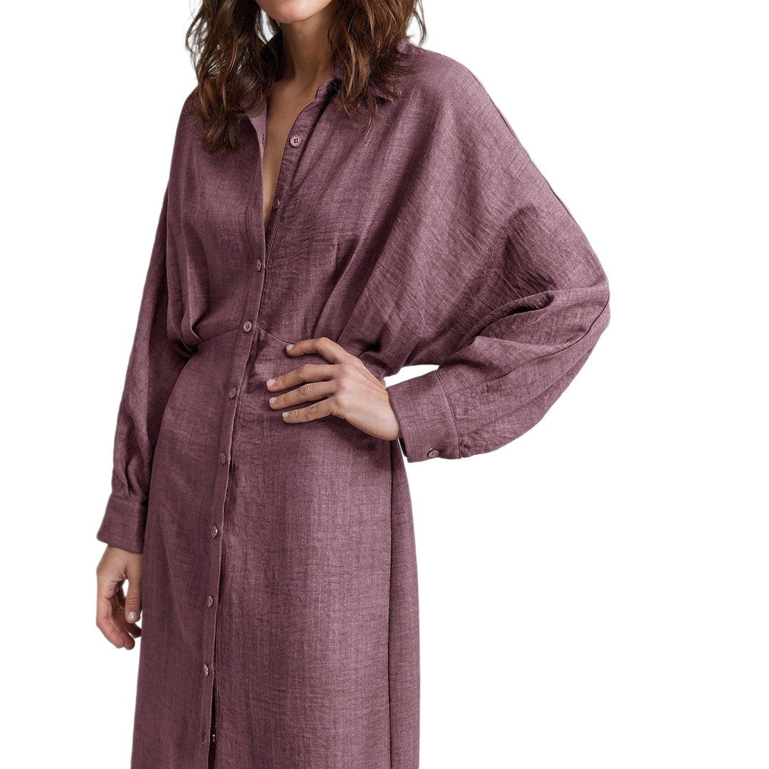 Damen Leinen-Maxikleid mit Hemdkragen, durchgehender Knopfleiste und Fledermausärmeln Shop Nory