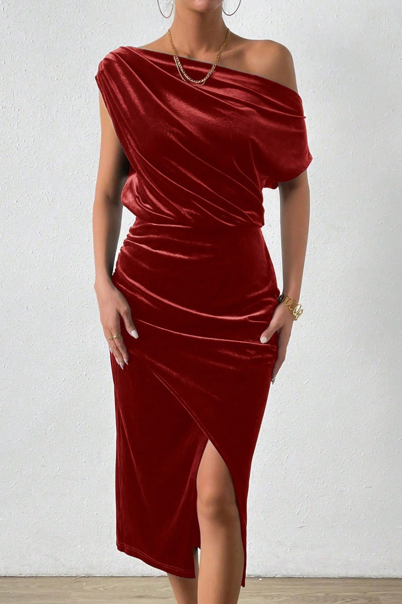 Damen Elegantes Schulterfreies Midikleid im Fließenden Design