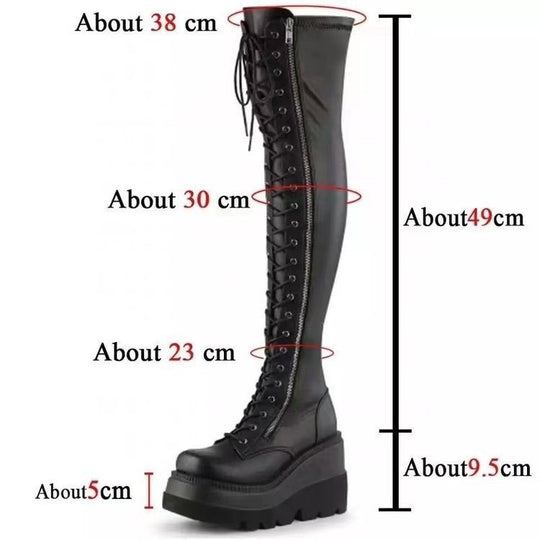 Damen Overknee-Boots im Biker-Stil mit durchgehender Schnürung, Seitenreißverschluss und klobiger Plateausohle Shop Nory