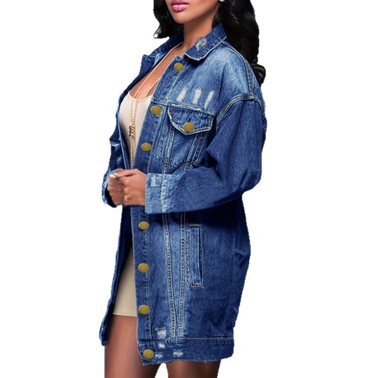 Damen Oversize Longline-Denimjacke mit Distressed-Details und Pattentaschen Shop Nory