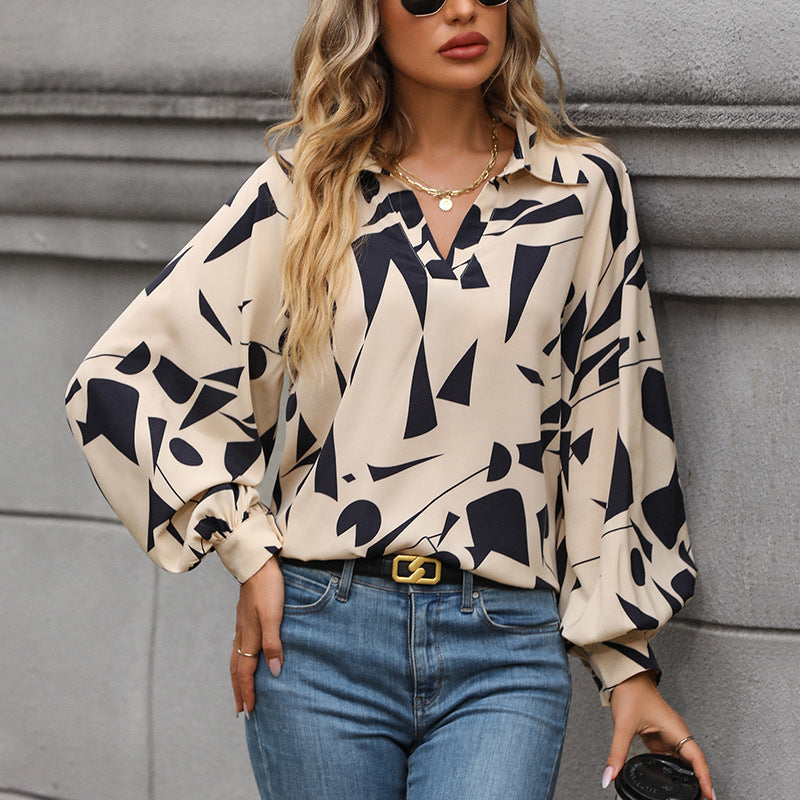 Damen Viskose-Bluse mit abstraktem Grafikprint, V-Ausschnitt & Ballonärmeln Shop Nory