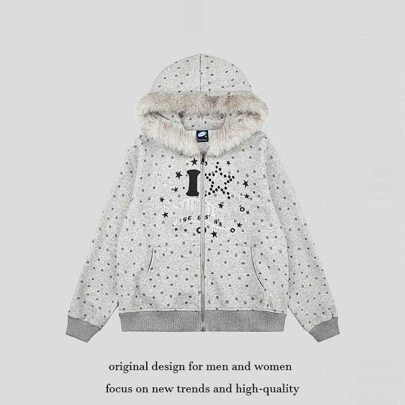 Damen Gepunktete Kapuzen-Sweatjacke mit Kunstfellbesatz, durchgehendem Reißverschluss und Kängurutaschen Shop Nory