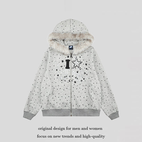 Damen Gepunktete Kapuzen-Sweatjacke mit Kunstfellbesatz, durchgehendem Reißverschluss und Kängurutaschen Shop Nory