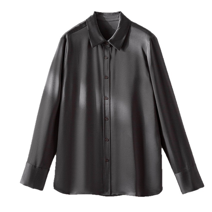 Damen Seidenähnliche Bluse mit klassischem Hemdkragen, durchgehender Knopfleiste und verlängerten Manschetten Shop Nory