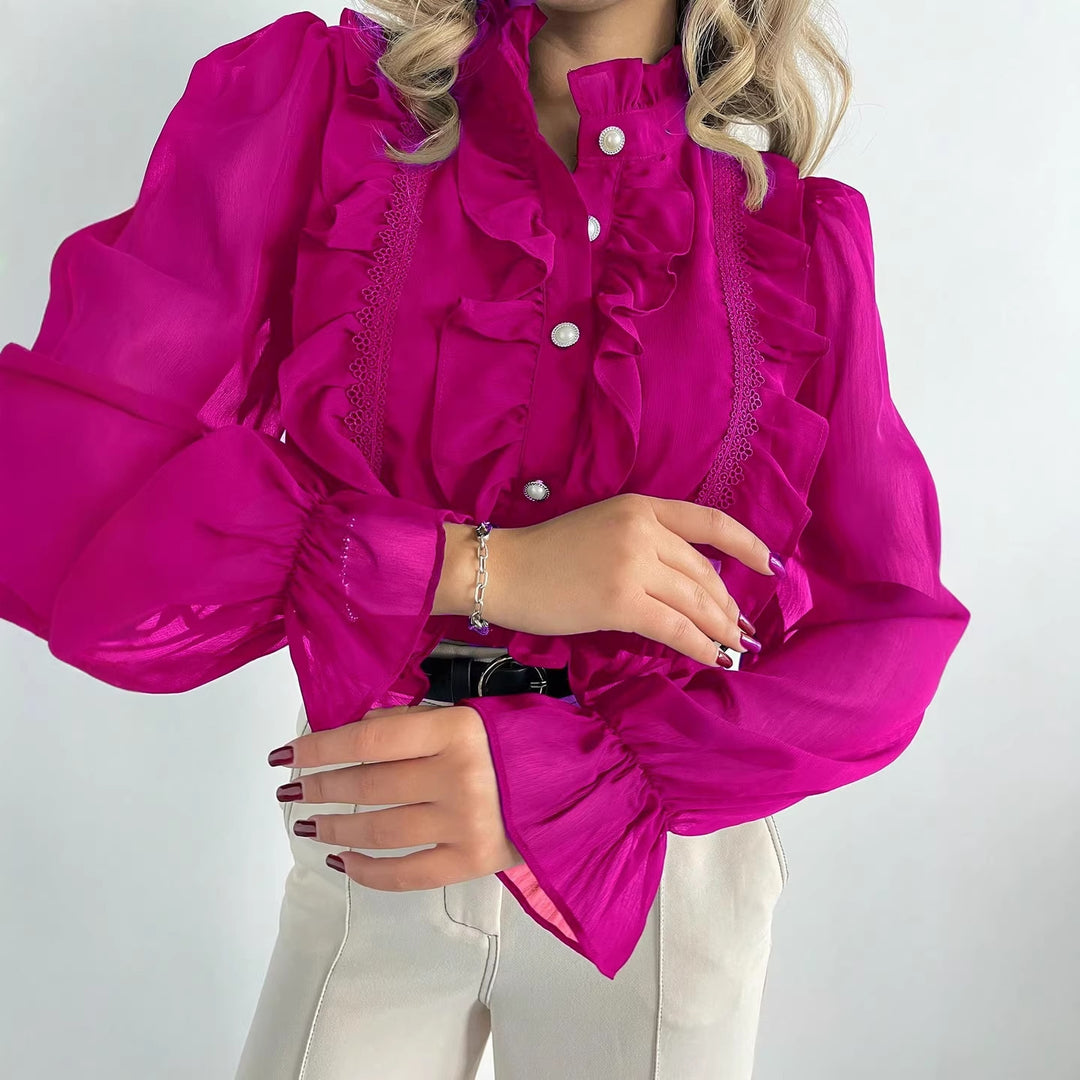 Damen Rüschenbluse aus Chiffon mit Stehkragen und Perlenknöpfen Shop Nory