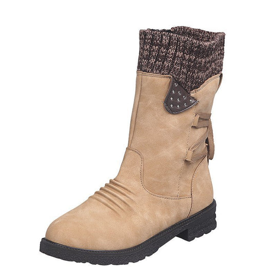 Damen Mid-Cut Stiefel mit Strickmanschette, Zierkordel und Veloursoptik Shop Nory