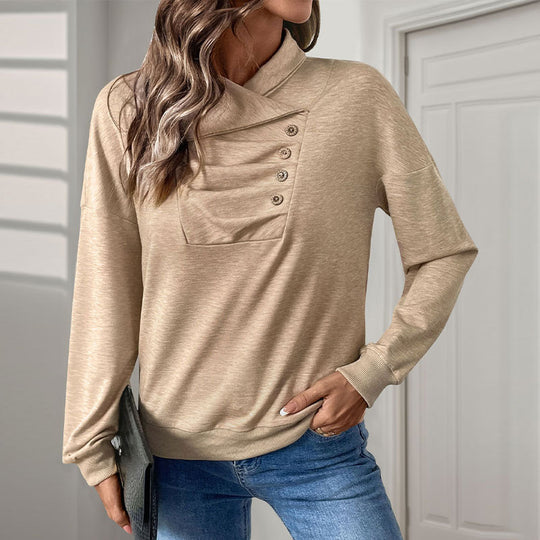 Damen Gekreuzter Stehkragen-Sweatshirt mit Knopfblende und gerippten Bündchen Shop Nory
