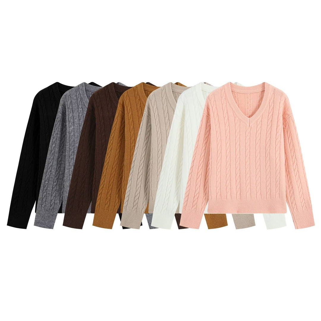 Damen Oversize Zopfmuster-Pullover mit V-Ausschnitt und breitem Rippbündchen Shop Nory