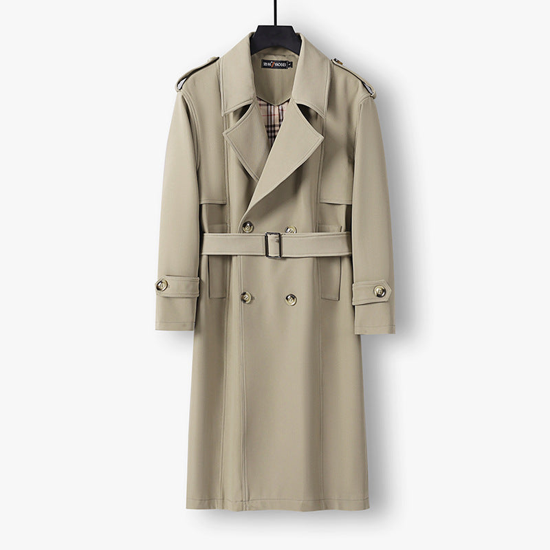 Herren Midilanger Doppelreihiger Trenchcoat mit Taillengürtel, abgefalcetem Revers und kariertem Innenfutter Shop Nory