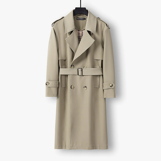 Herren Midilanger Doppelreihiger Trenchcoat mit Taillengürtel, abgefalcetem Revers und kariertem Innenfutter Shop Nory
