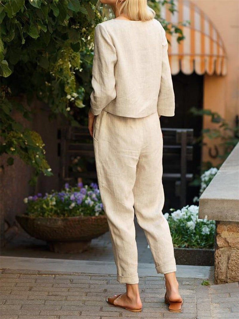 Damen Lässiges Zweiteiliges Leinen-Outfit mit breitem Bund