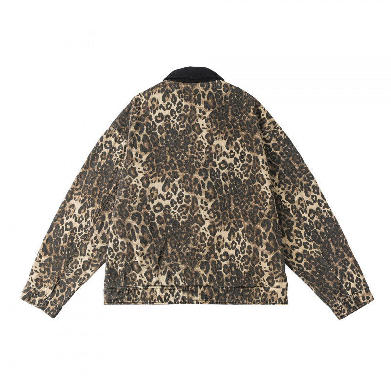 Unisex Kastenförmige Jeansjacke im Leopardenmuster mit Cordkragen, Reißverschluss und Fransenbesatz Shop Nory