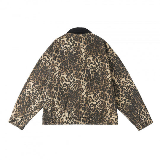 Unisex Kastenförmige Jeansjacke im Leopardenmuster mit Cordkragen, Reißverschluss und Fransenbesatz Shop Nory