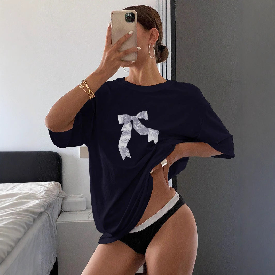 Damen Oversized T-Shirt mit dekorativem Schleifenmotiv Shopnory