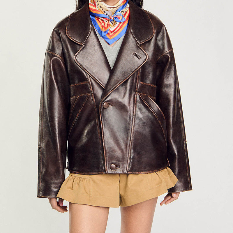 Damen Kurz geschnittene Oversize-Lederjacke mit Rundkragen und Pattentaschen Shop Nory