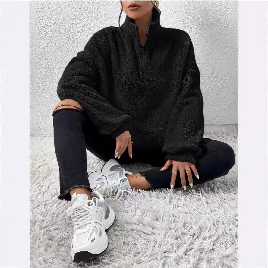 Damen Kuscheliger Fleece-Pullover mit Stehkragen und Eingrifftaschen