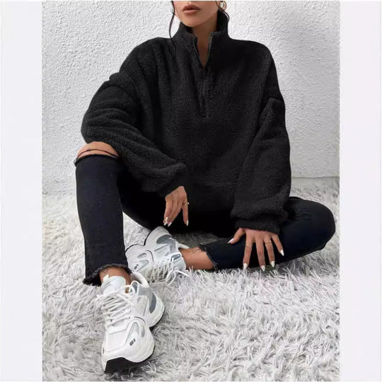 Damen Kuscheliger Fleece-Pullover mit Stehkragen und Eingrifftaschen