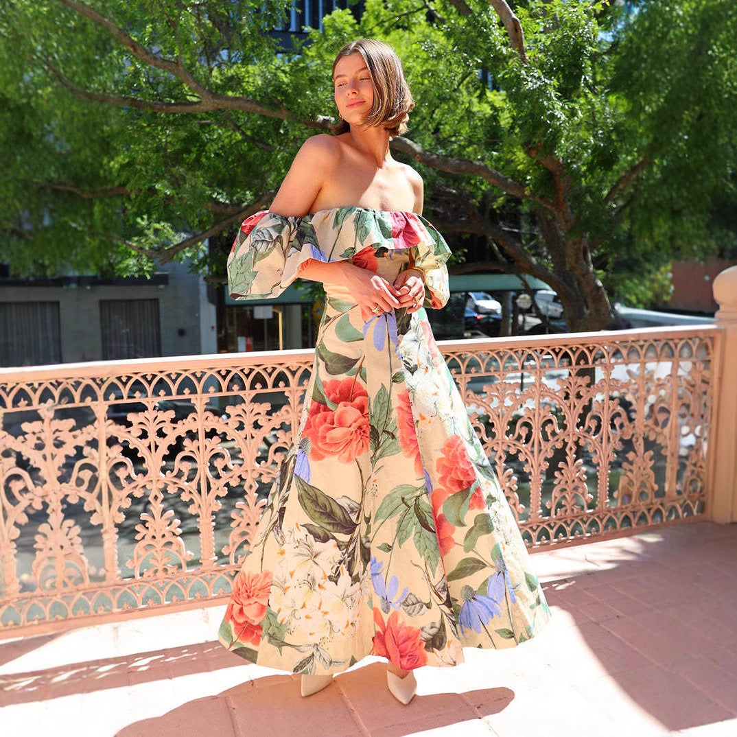 Damen Maxi-Kleid im romantischen Off-Shoulder-Stil mit voluminösen Puffärmeln Shopnory