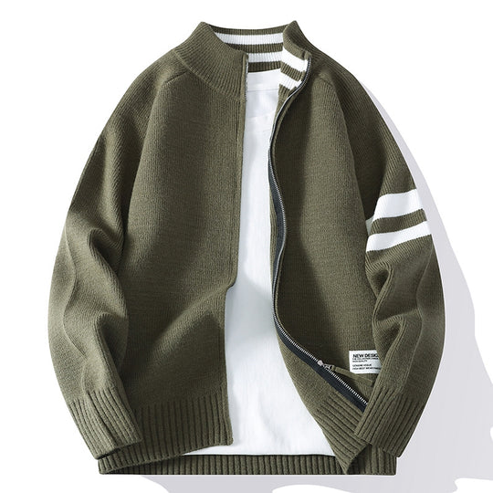 Herren gestrickte Zip-Cardigan im College-Stil mit gestreiftem Ärmelband und geripptem Stehkragen Shop Nory